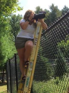 Tamra on a ladder taking photos over the bear's habitat fence
