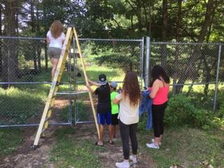 a gamekeeper giving Tamra a ladder to take photos over the moose's fence