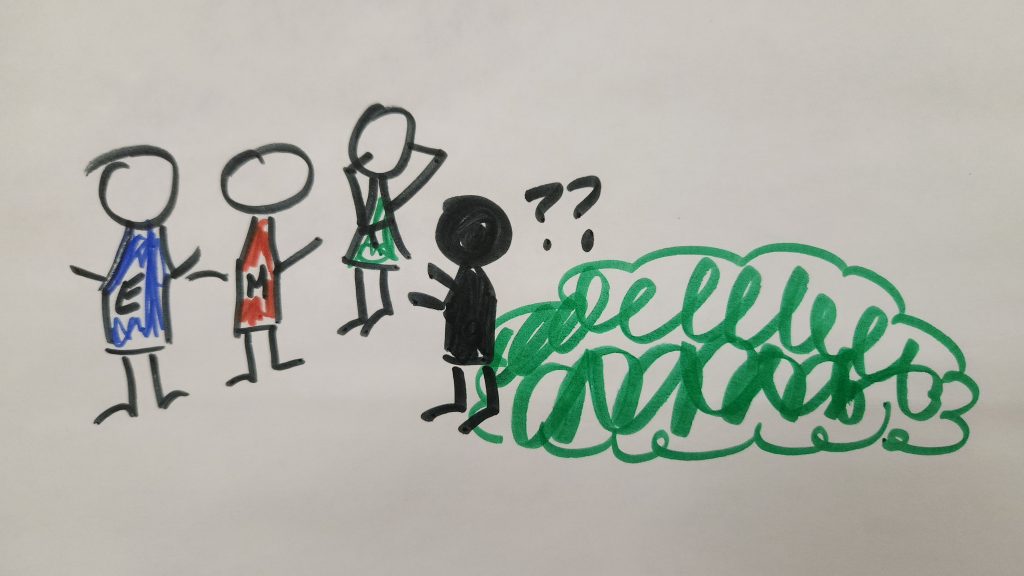stick figures near a bush with a dark mystery who-is-it character