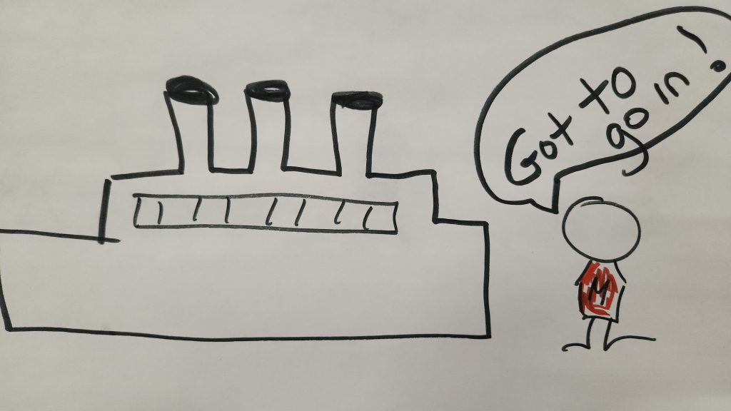 A stick figure standing next to a factory, says "Got to go in"