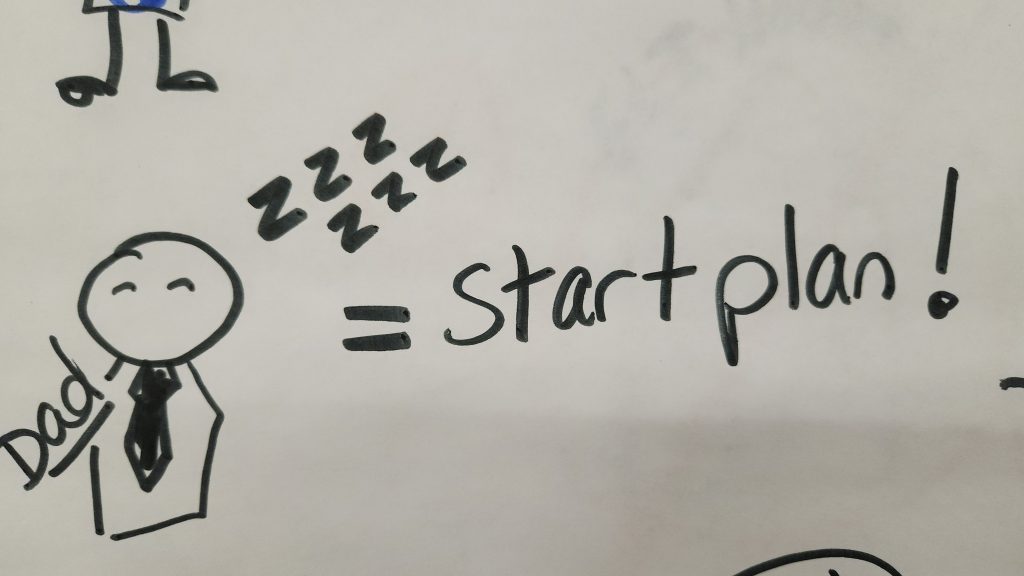 A sleeping stick figure labeled "Dad", an equal sign, and the words, start plan!