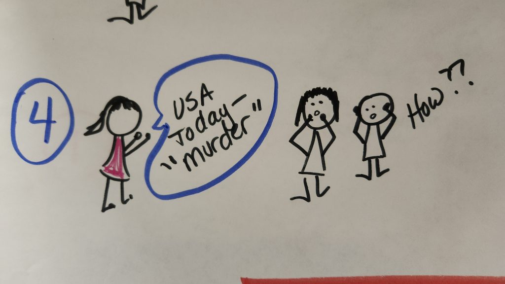 a female stick figure tells two other stick figures "USA Today "murder"